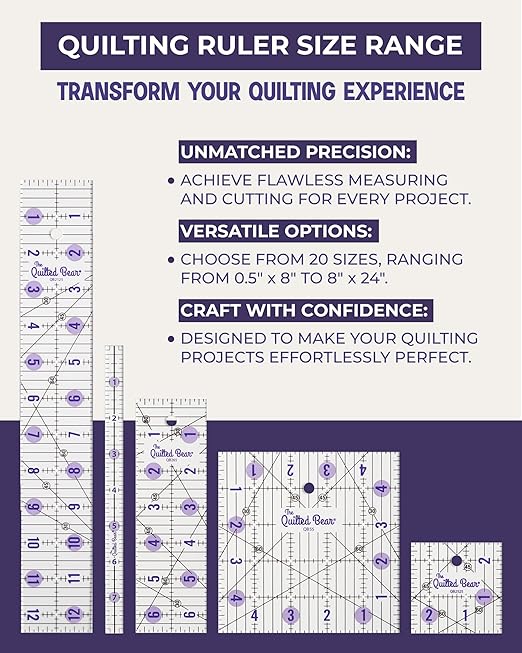 The Quilted Bear Rectangular Acrylic Quilting Ruler, Precise Bold Lines