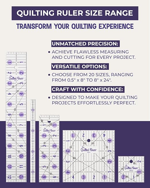 The Quilted Bear Square Quilting Ruler, Transparent Acrylic, 9.5" x 9.5" |