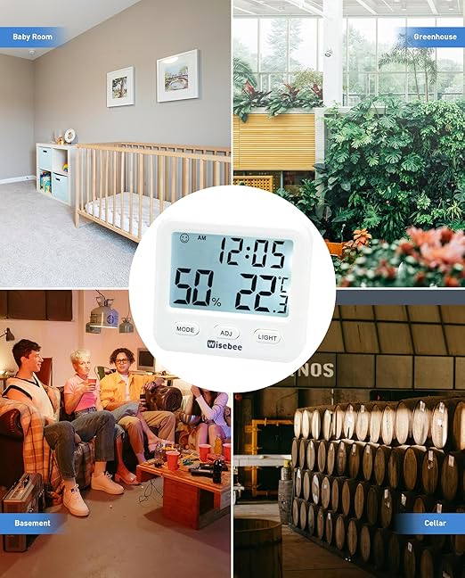 Wisebee Digital Indoor Hygrometer Thermometer, 2.9" Backlit Temperature Humidity Sensor Monitor for Baby Rooms, Home, Office, 1 Pack (White)