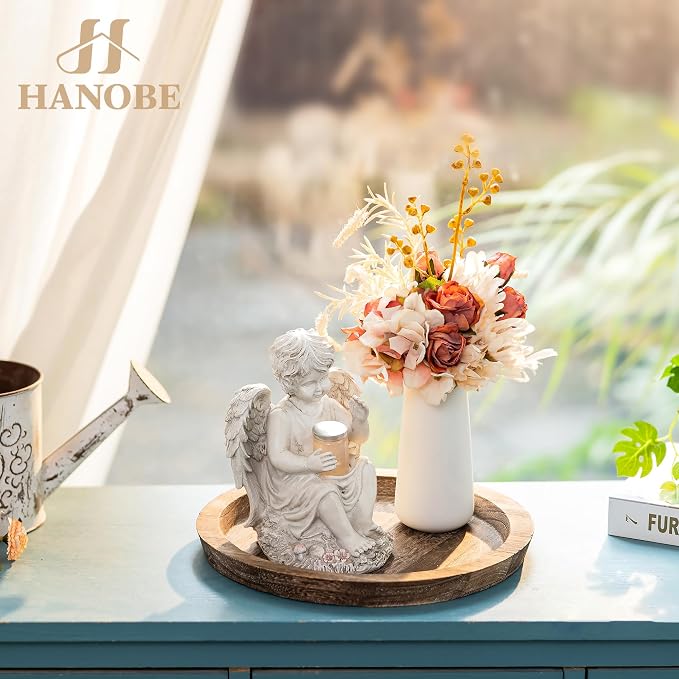 Hanobe Wooden Tray for Coffee Table, Decorative Round Candle Holder Plate |