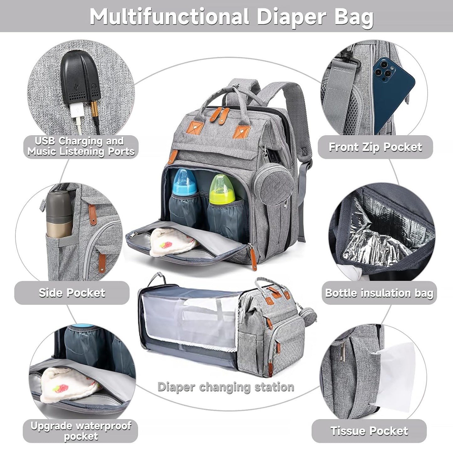 Diaper Bag Backpack Diaper Bag Multifunctional Waterproof Diaper Bag with Changing Station Travel Backpack with Changing Pad, Pacifier Case & Stroller Straps(Grey)