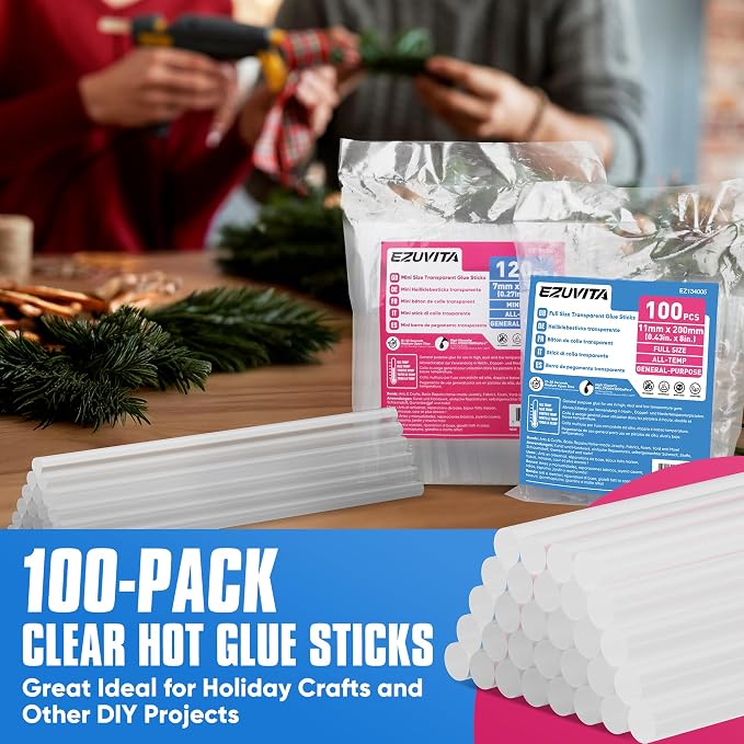 EZUVITA 100-Pack Full Size Hot Glue Sticks, 0.43” Dia x 8” Long | Clear