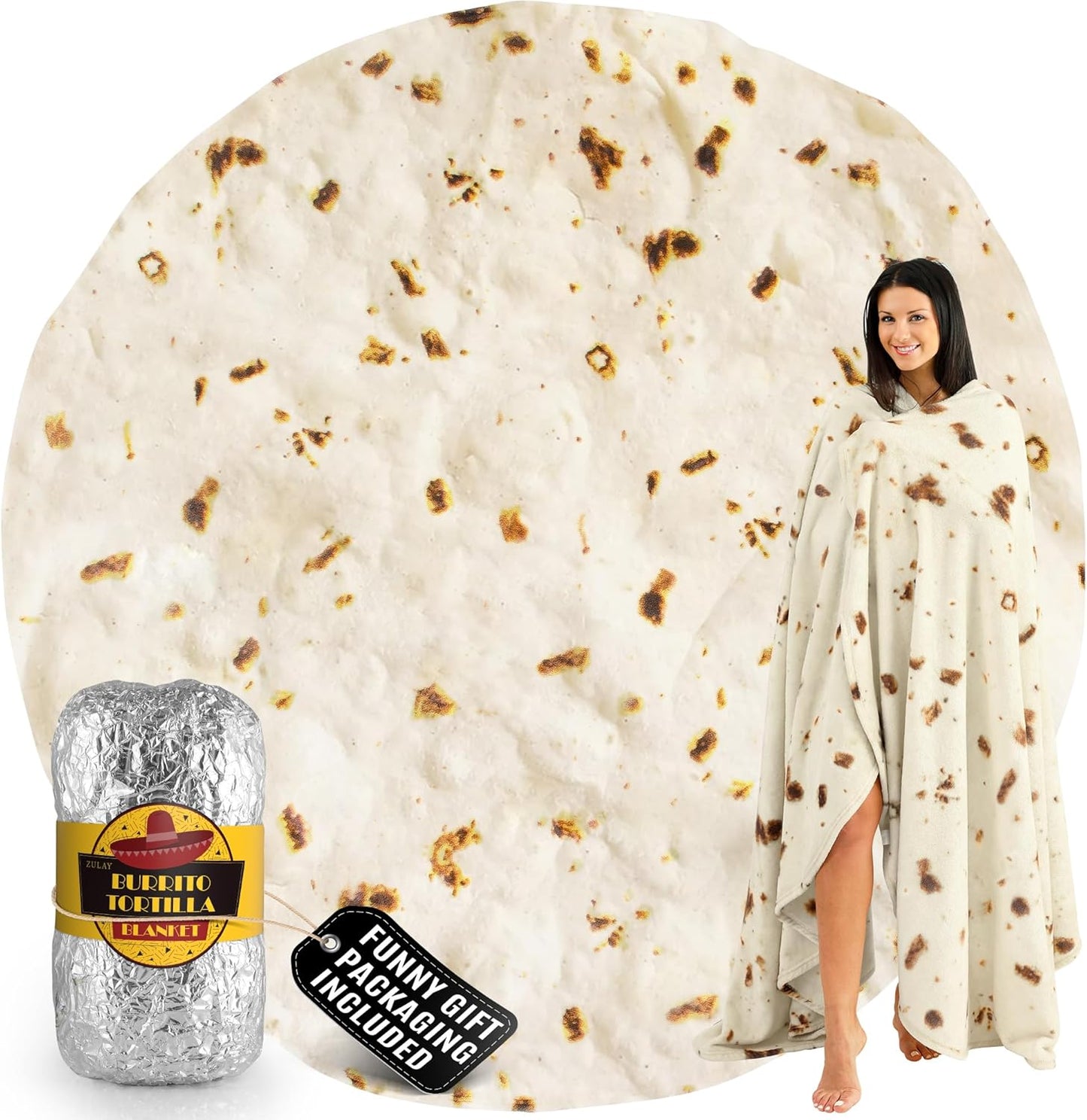 Zulay Giant Double Sided Tortilla Blanket with Tinfoil Packaging - Novelty Blanket for Adults & Kids - Soft Flannel Round Tortilla Blanket for Indoors, Outdoors, Travel, Home, 285 GSM - 71 Inches