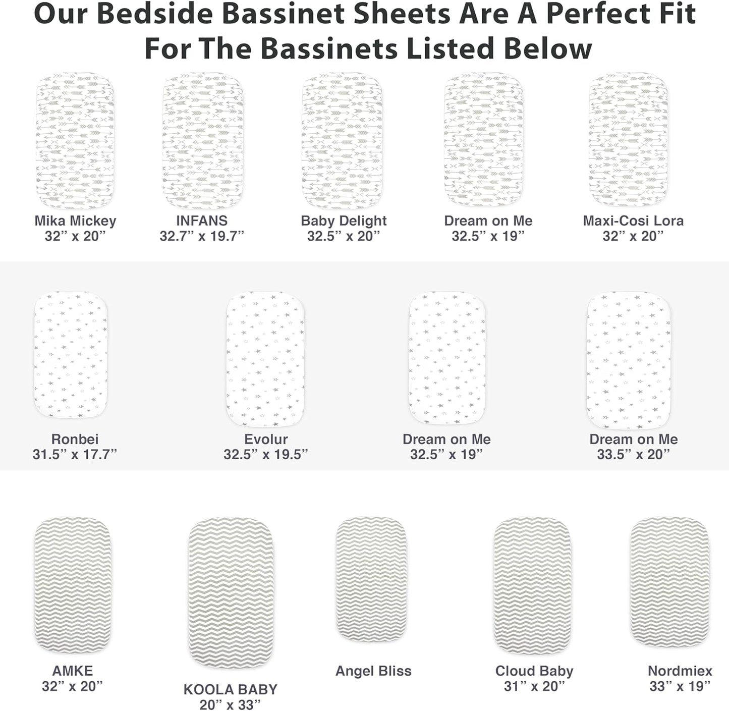3 Pack Organic Bedside Bassinet Sheets Compatible with Mika Micky, Baby Delight, Dream On Me, AMKE and Other Bassinet Mattress Pads Size Between 17-21 in Width, 29-33 in Length, and 1.5-4 in Thick