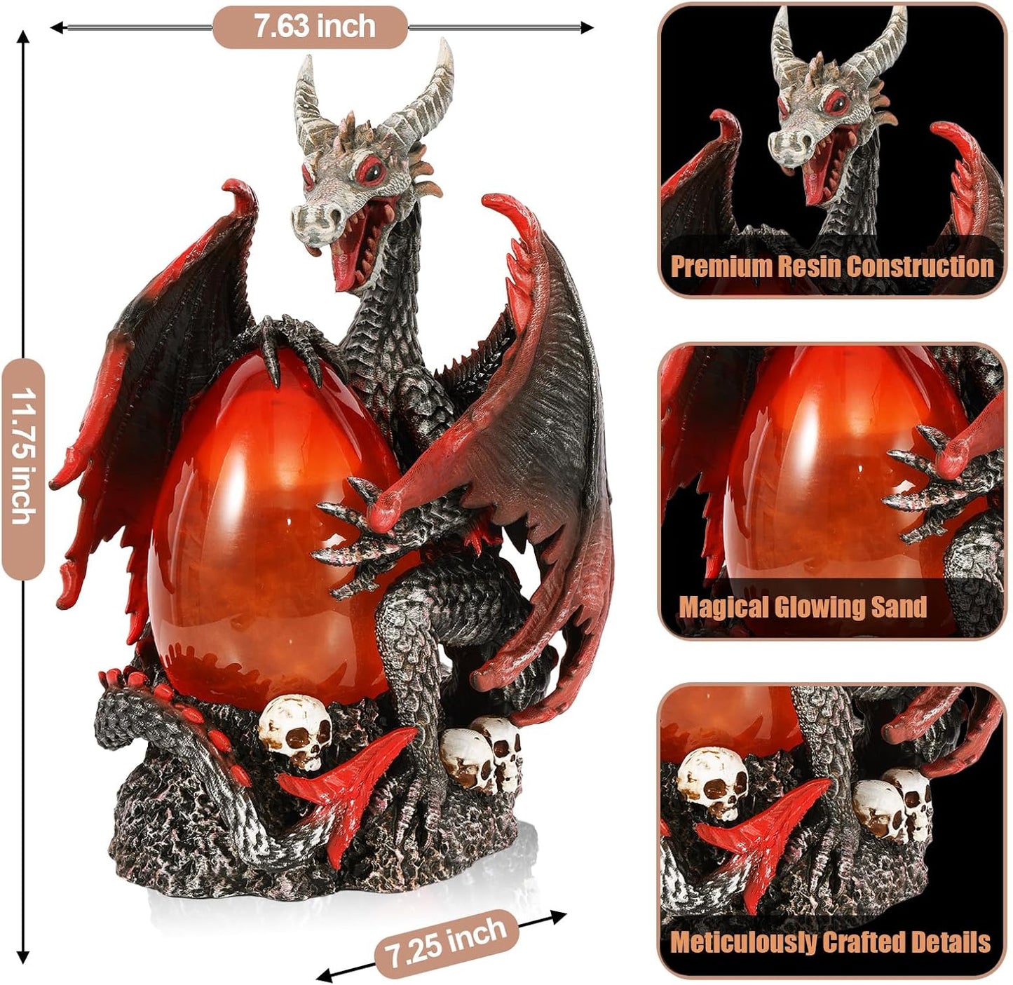 Evil Dragon Snow Globe Statue, Illuminated Water Filled Egg, Rotating Mist Effect, Skull-Embedded Base, Fire Dragon Egg Glow with 6H Timer, Battery Operated, Unique Halloween Snow Globe Holiday Decor