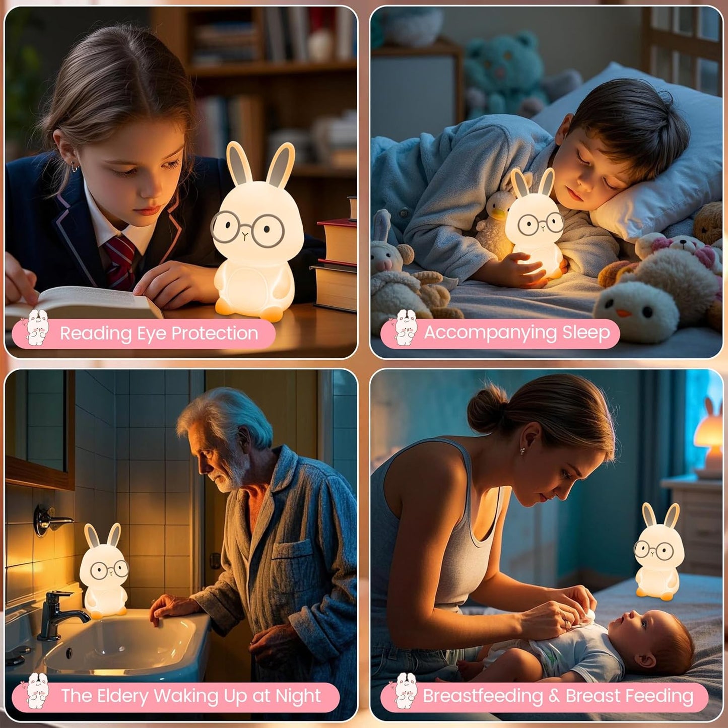 Bunny Night Light, Rabbit Lamp for Kids, Rechargeable LED Nightlight for Easter Gift,Silicone Bedside Lamp with Touch Color Changing,3 Levels Dimmable/Timmer Nursery Bedroom Light,Room Decor