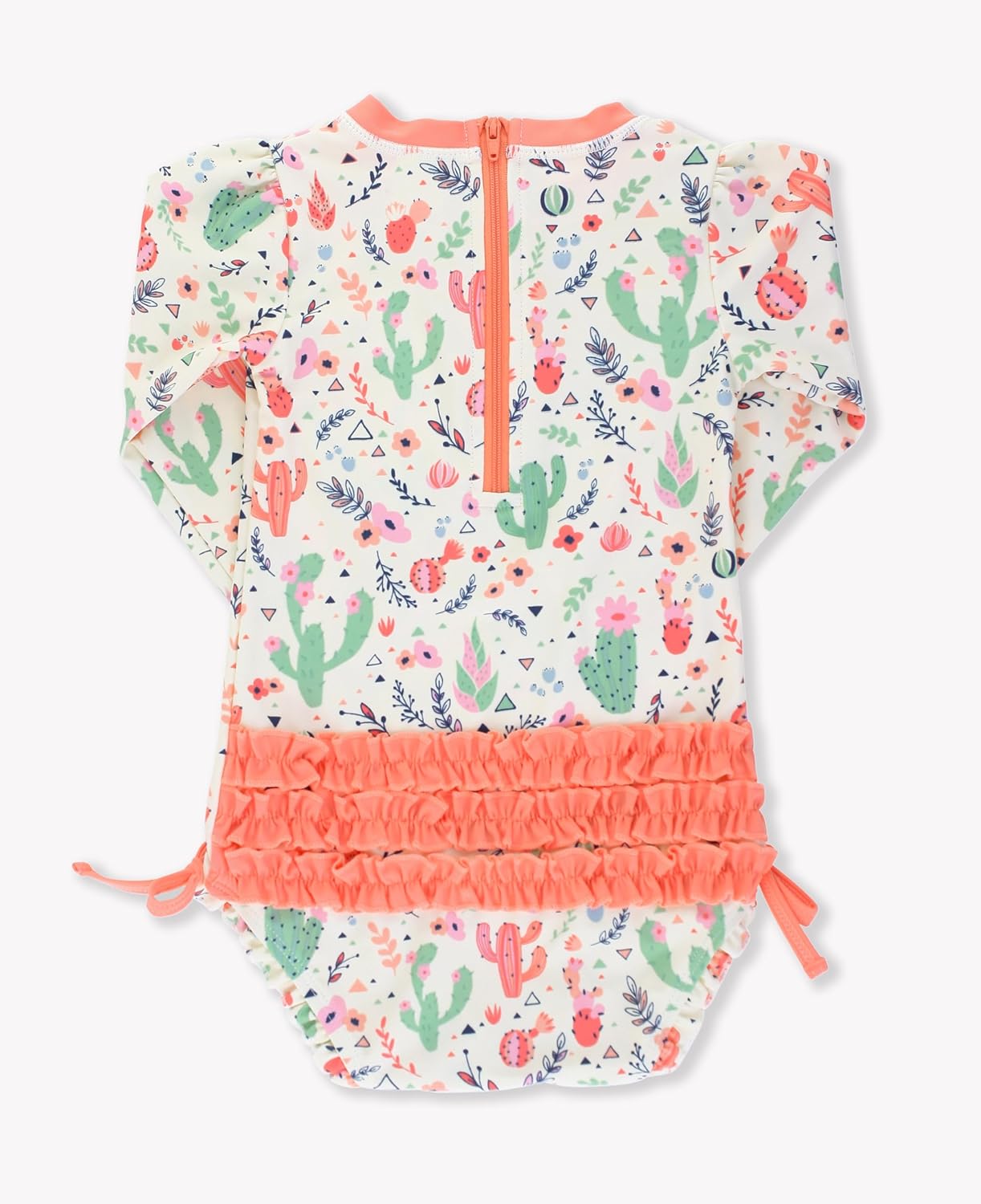 RuffleButts Baby Girls UPF 50+ Sun Protection Novelty Print Long Sleeve One Piece Rash Guard Swimsuit with Zipper