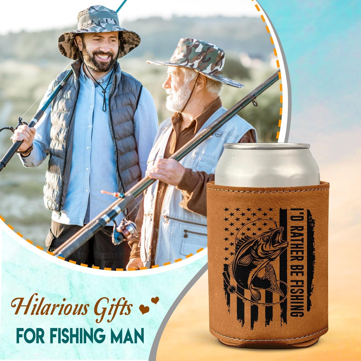 Fishing Gifts for Men – Leather Beer Can Cooler – Perfect Christmas, Birthday Gift for Fisherman – Fishing Present for Dad, Husband, or Friend – Durable Collapsible Leather Can Holder