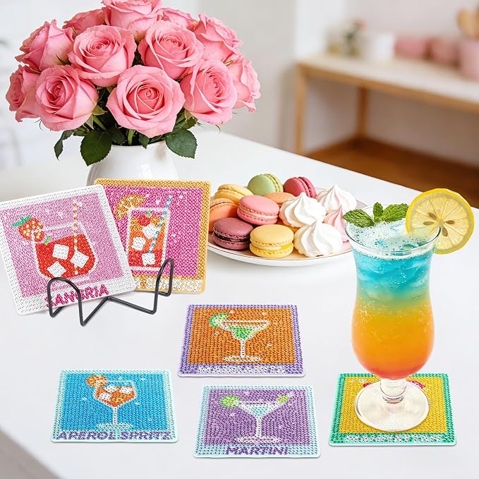UPINS 8Pcs Cocktail Diamond Art Coasters, Summer Beach Diamond Art Coasters