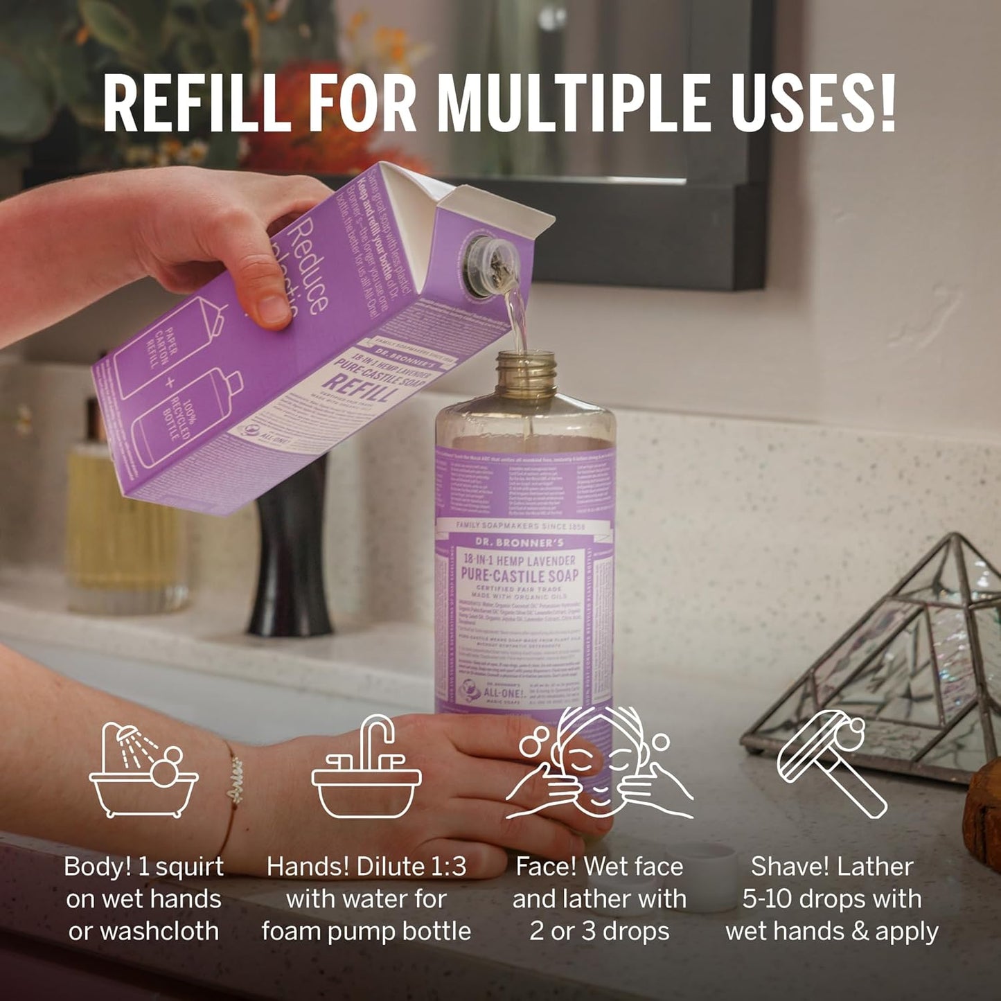 Dr. Bronner's Pure-Castile Liquid Magic Soap Bottle & Refill Carton - Made with Regenerative Organic Certified Oils, 86% Less Plastic per Quart - For Face, Body Wash, Hand Soap Refill- Lavender, 32oz