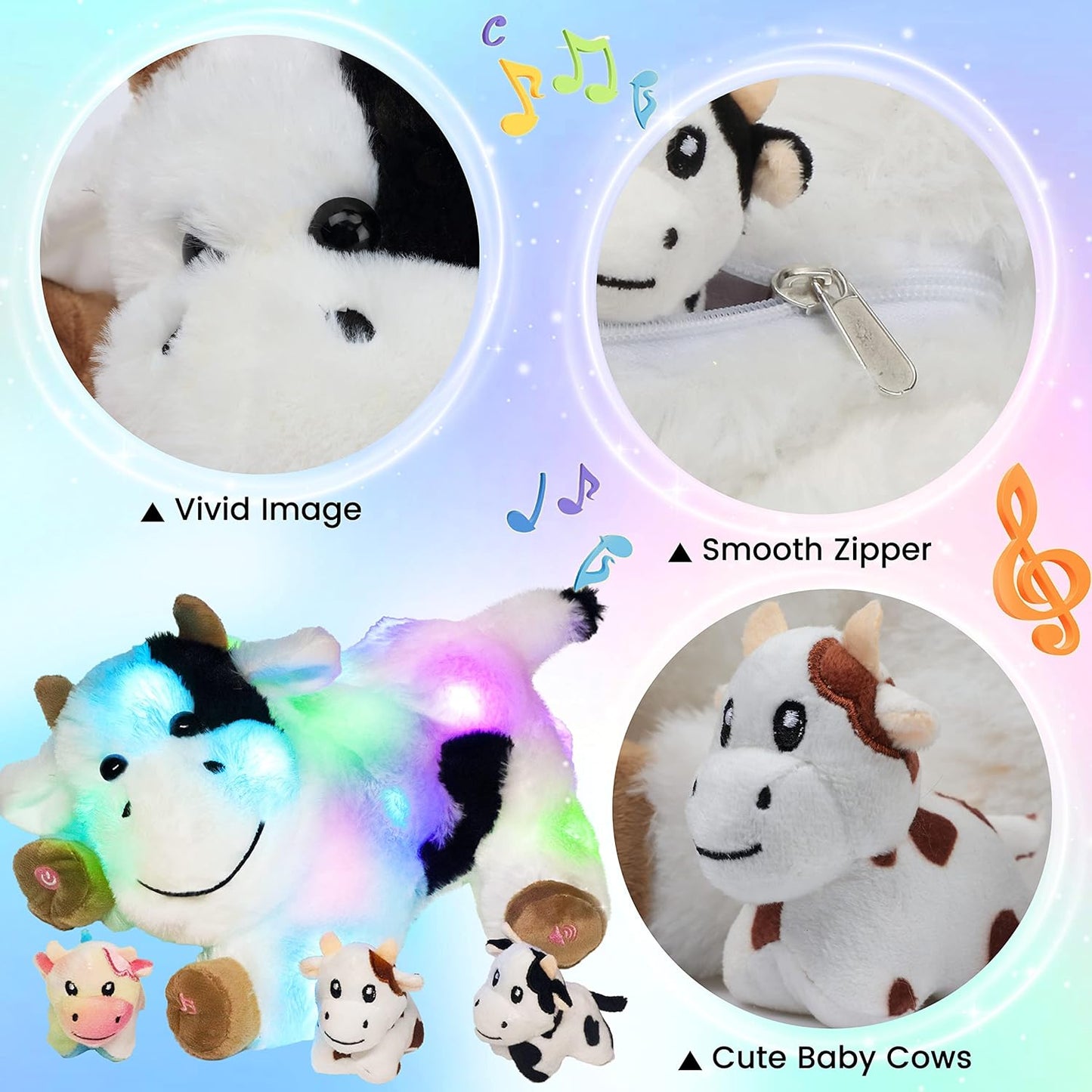 Hopearl LED Musical Stuffed Cow Lighting Up Singing Plush Toy Playset Mommy Cow with 3 Baby Dairy Cows in her Tummy Adjustable Volume Lullaby Animated Soothe for Mom Kids, 15''