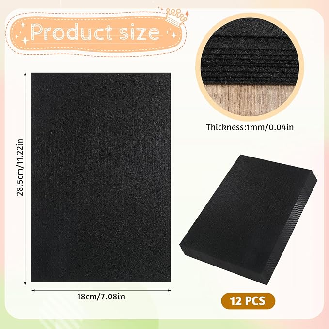 12 Pieces Black Felt Fabric, 8 X 12 Inch Stiff Felt Sheets