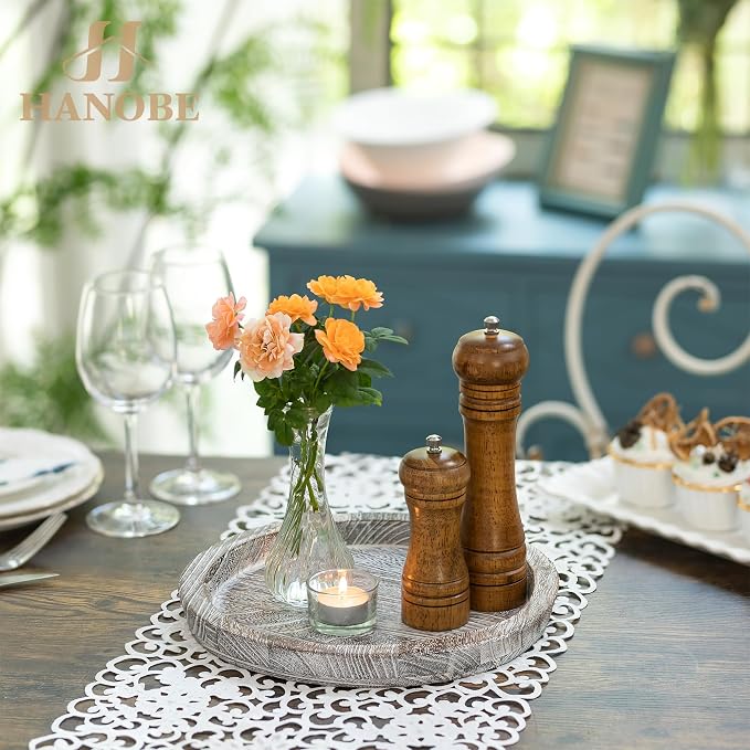 Hanobe Decorative Coffee Table Tray, Round Wood Candle Holder Plate | Wooden