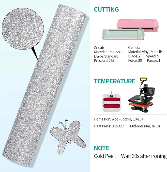 VINYL FROG Glitter HTV Vinyl Heat Transfer Vinyl Roll 12" x 5ft Silver Iron on