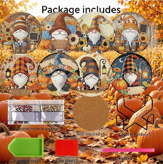 LWZAYS 8 Pcs 5D Autumn Gnome Diamond Art Coasters Kits