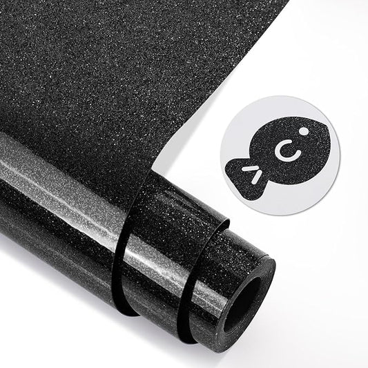 Black Glitter HTV Heat Transfer Vinyl, Glitter Iron on Vinyl Roll 10" x 8ft |