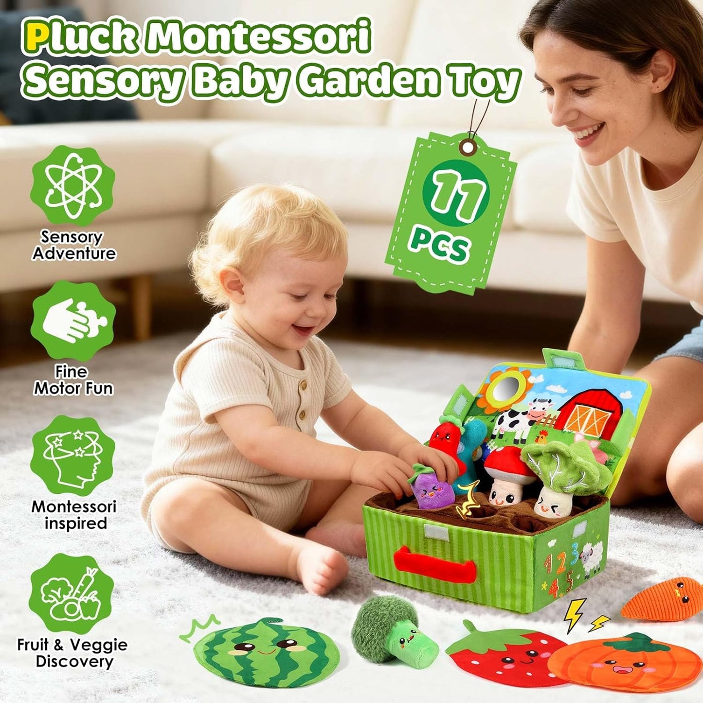 FREYBLI Baby Toys 6-12 Months - Soft Vegetable Garden Plant Plush Toy - 6 Month Old Developmental Toys Gifts, Montessori Sensory Toy for Baby with Rattles, Mirror, Squeaker, Textures, Crinkle Tissues