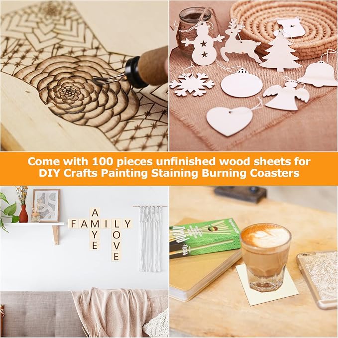 100 Pieces 3x3 Inch Wood Squares Unfinished Basswood Plywood Wooden Sheets 1/8