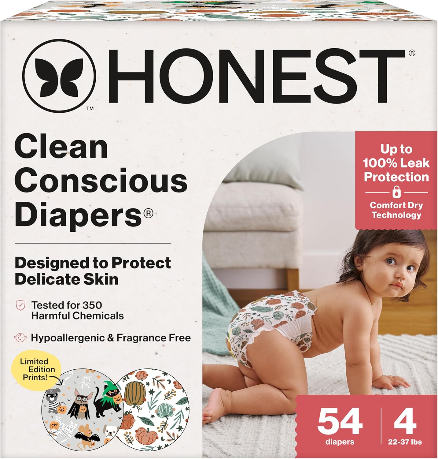 The Honest Company Clean Conscious Diapers for Delicate Skin | Up to 100% Leakproof | Hypoallergenic, Fragrance Free | Fall '25 Limited Edition Prints | Club Box, Size 4 (22-37 lbs), 54 Count