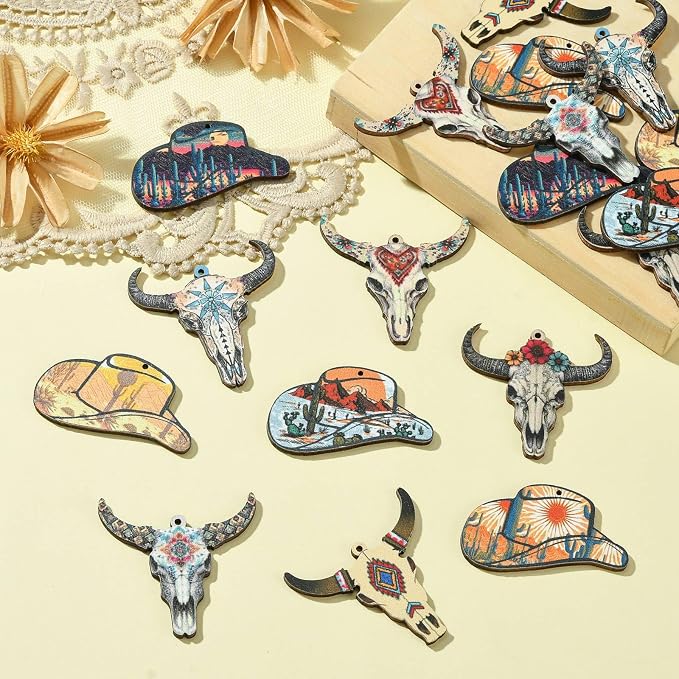 18 pcs 9 Styles Western Cattle Theme Wood Cutout Charms Cow Cap Hat Animal Wood