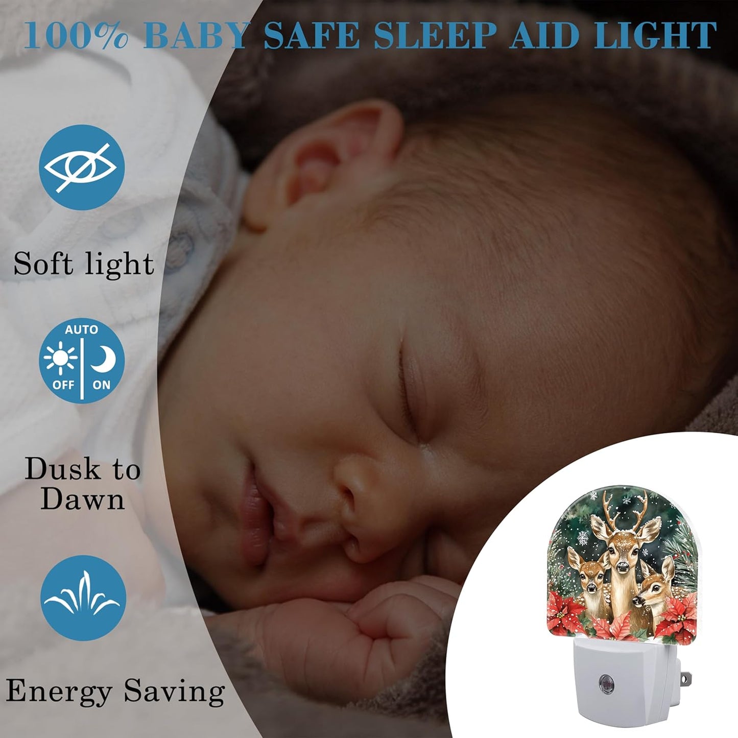 Night Light for Kids Girls Boys, Christmas Elk Flowers LED Night Light Plug into Wall with Dusk to Dawn Sensor for Room Decor, Hallway, Kitchen, Bathroom, Nursery, Stairs
