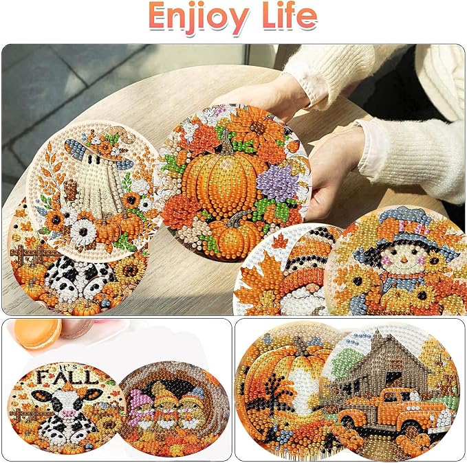 ijbnhd 8 Pcs Diamond Art Coasters Kits Autumn | Diamond Painting Coasters Kit