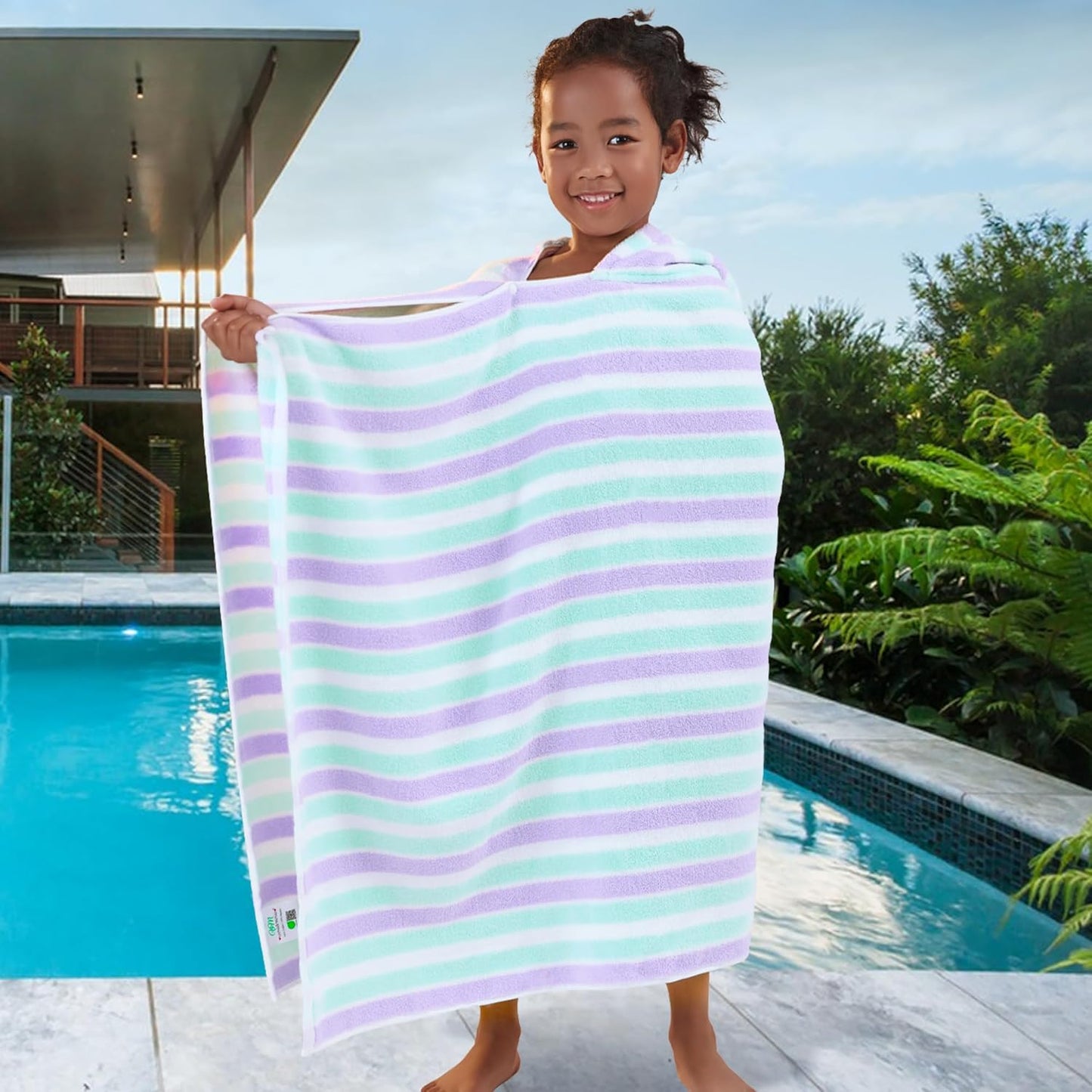 VOOVA & MOVAS Kids Hooded Bath Towels(3-10Years),Absorbent Quick Dry Lightweight Hooded Cotton Towel for Pool | Swim | Beach | Bath, Boys Wrap Towel with Hood, Aqua Purple Stripe