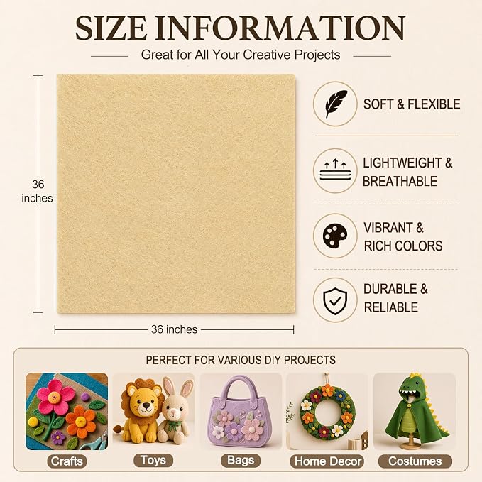 Sand Large Felt Fabric 36" x 36", 1.4 mm Soft Felt Sheet, Nonwoven Fabric