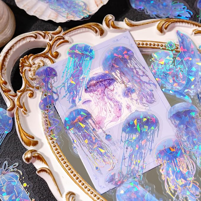 120 Pcs Holographic Glitter Jellyfish Ocean Life Stickers