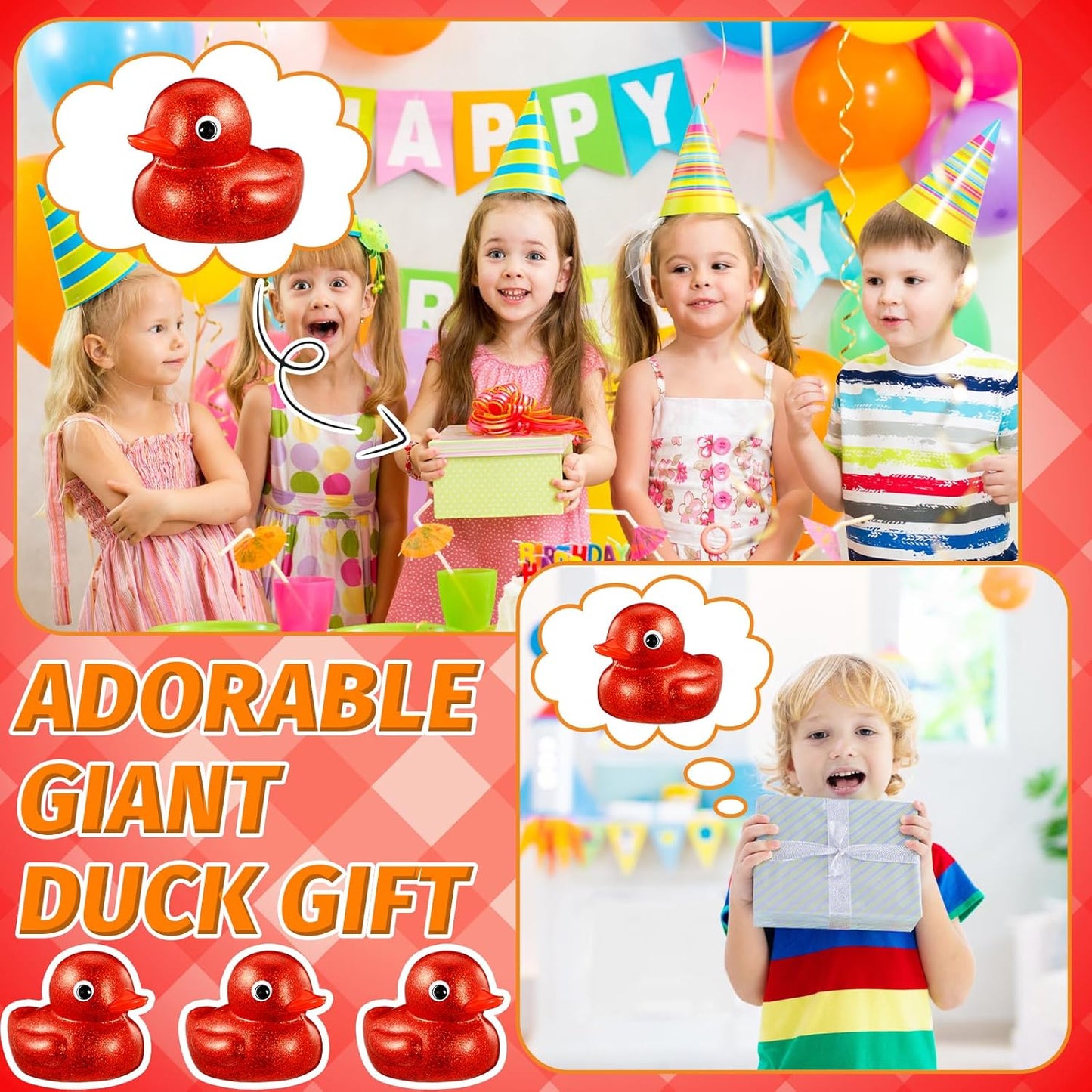 Honoson 6.89 Inch Giant Glitter Rubber Duck Big Glitter Rubber Duck Large Sparkly Duckling Bath Toy with Squeaky Sound for Summer Baby Shower Birthday Party Favor Gift(Red)