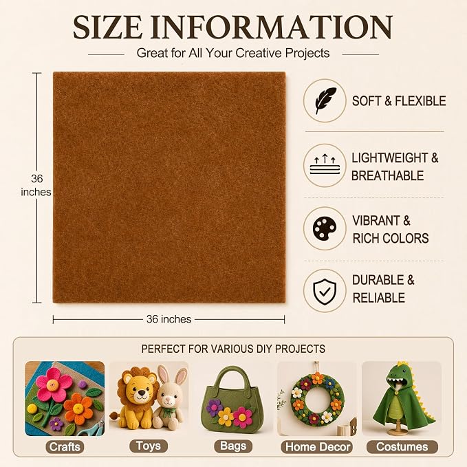 Warm Brown Large Felt Fabric 36" x 36", 1.4 mm Soft Felt Sheet, Nonwoven Fabric