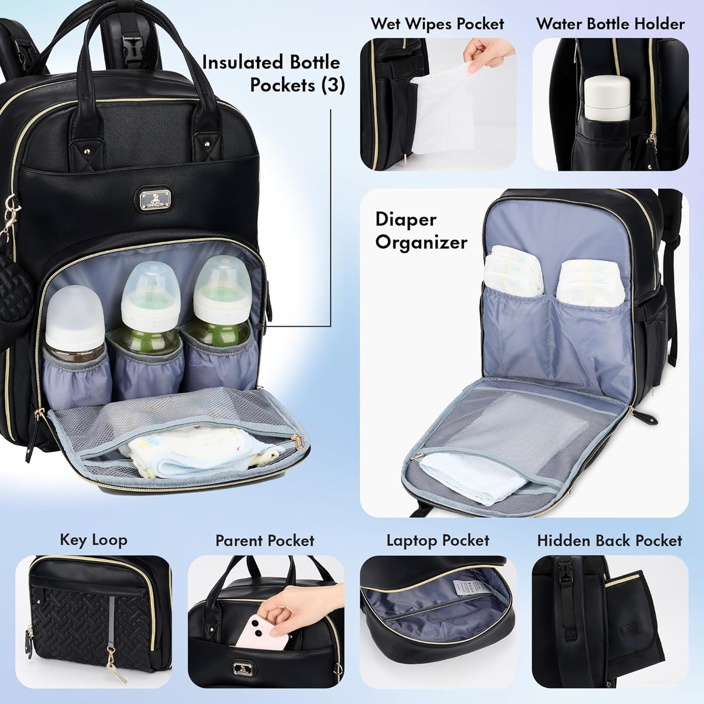 Dikaslon Leather Diaper Bag Backpack with Portable Changing Pad, Pacifier Case and Stroller Straps, Large Unisex Baby Bags for Boys Girls, Multipurpose Travel Back Pack for Moms Dads, Black
