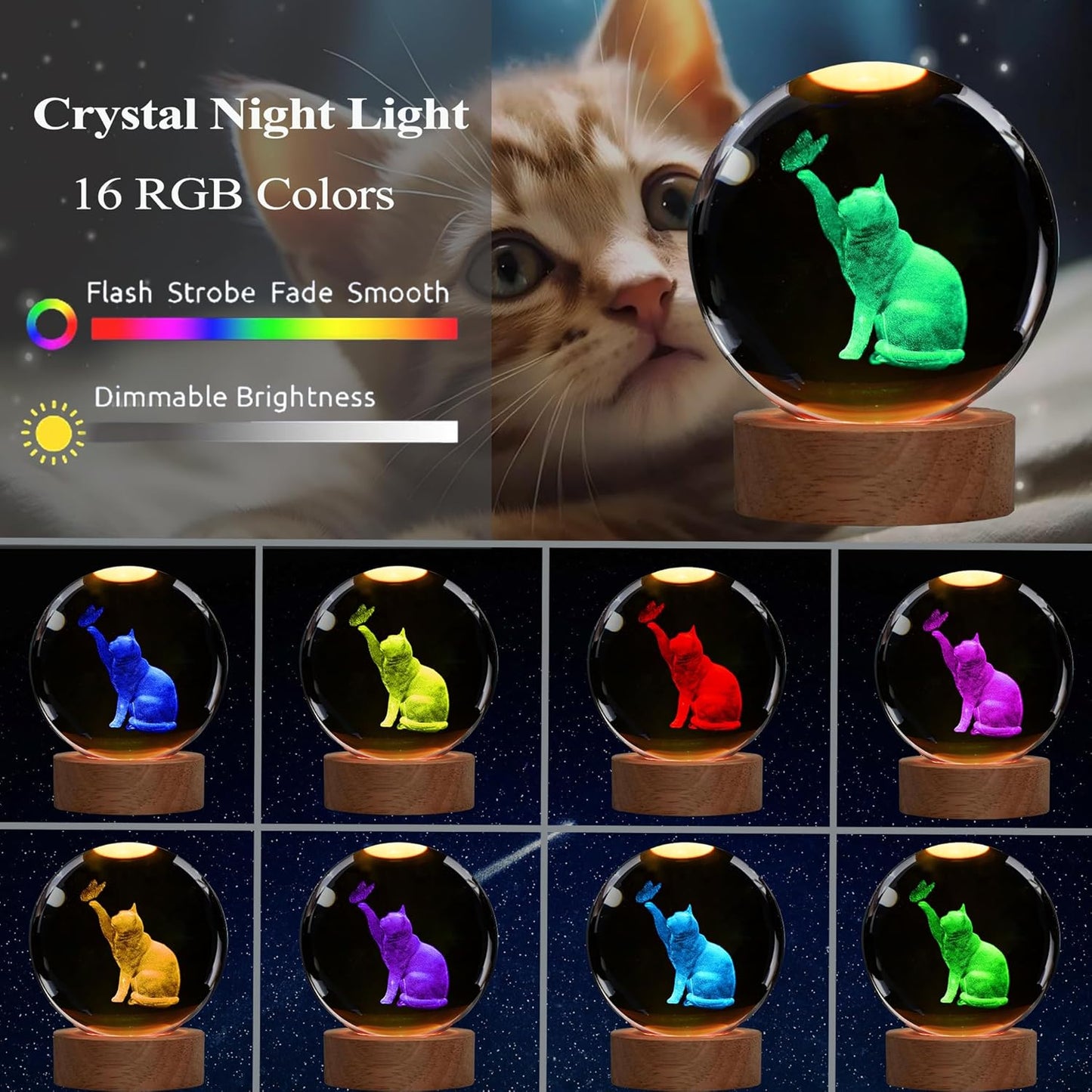 Cat Night Light, Cat Themed Gifts for Girls, K9 3.15 Inch(80mm) Crystal Ball Night Light with 16 Colors Remote Upgraded Lamp for Birthday Xmas Cool Figurines Sympathy Gifts for Room Decor Girls