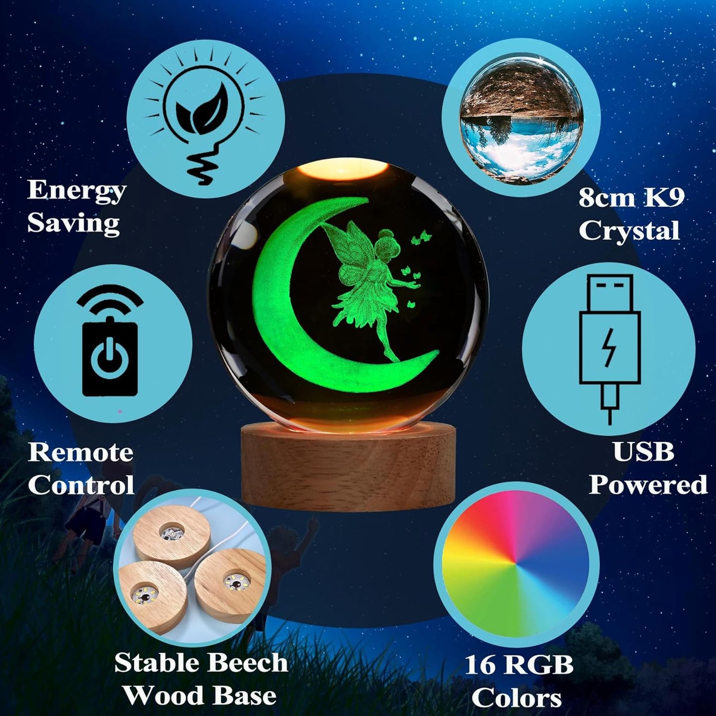 Moon Fairy Night Light, Tooth Fairy Gifts, K9 3.15 Inch (80mm) Crystal Ball Lamp with 16 Colors Remote Upgraded Lamp for Birthday Xmas Cool Fairygirl Figurines Gifts for Room Decor Boys Girls