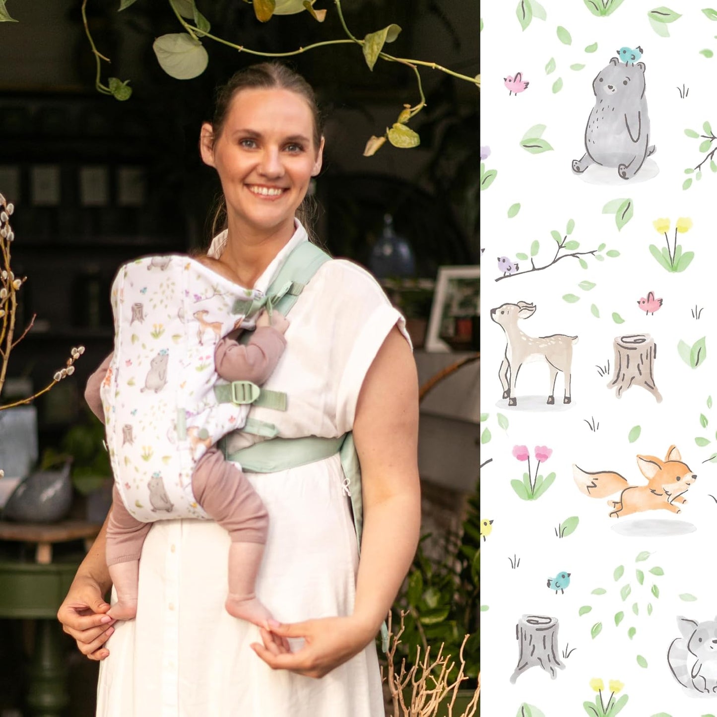 Infantino Swift Classic Carrier - 2 Ways to Carry with Wonder Cover Bib, Adjustable and Easy-to-Use, Multicolor Woodland