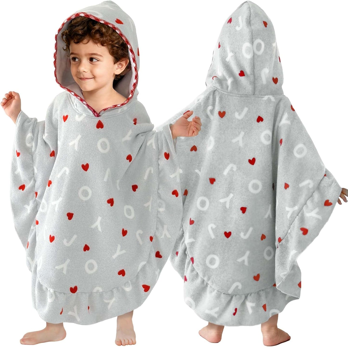 VOOVA & MOVAS Toddler Hooded Towel Poncho with Ruffle Trim | Soft 100% Cotton | Absorbent Thick Towel for Bath, Swim, Beach & Winter | Cozy, Gray Joy