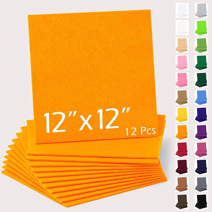 12" x 12" Felt Sheets for Crafts, 2mm Stiff Felt Fabric, Polyester Felt Squares