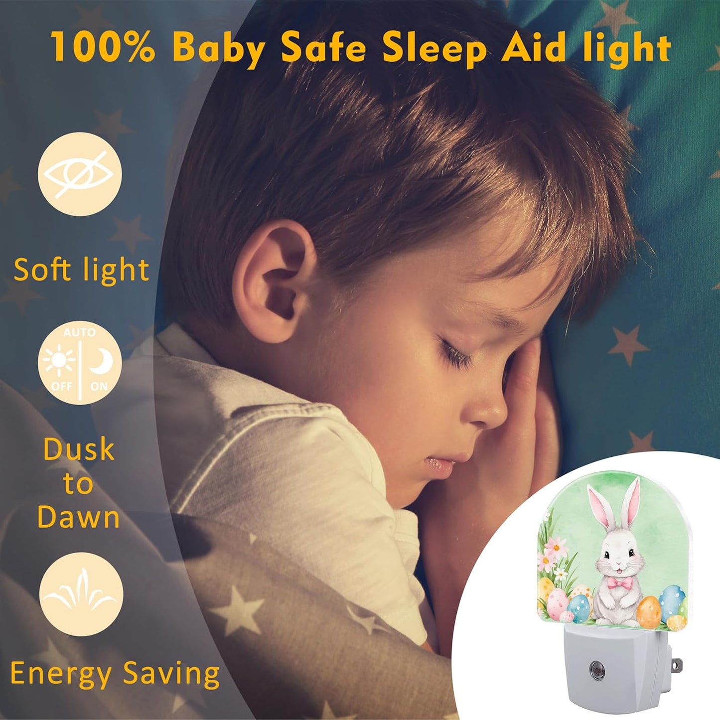Cute Easter Bunny and Eggs Night Light, Easter Rabbit and Flowers Dusk to Dawn Night Light Plug in,0.5w Energy Saving Sleep Friendly NightLight for Kids Boys Girls Home Decor