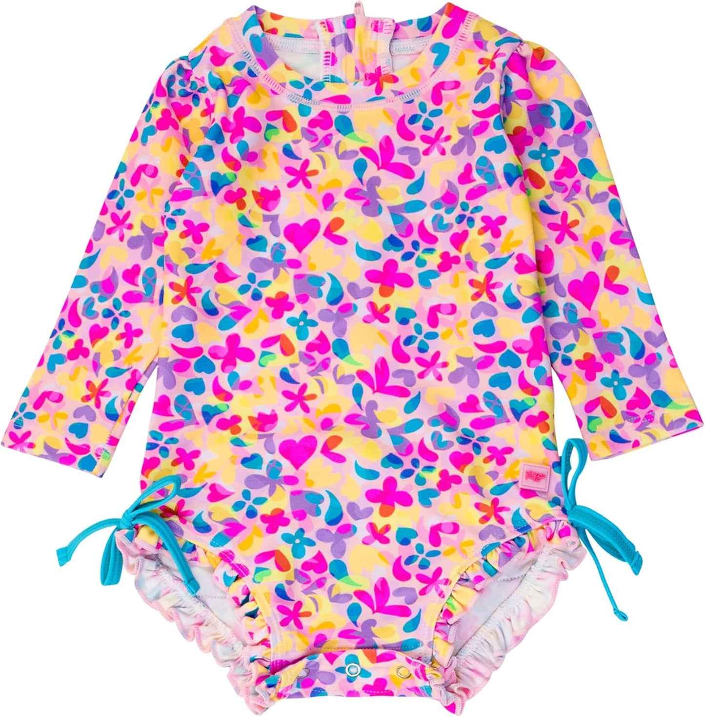 RuffleButts Baby Girls UPF 50+ Sun Protection Novelty Print Long Sleeve One Piece Rash Guard Swimsuit with Zipper