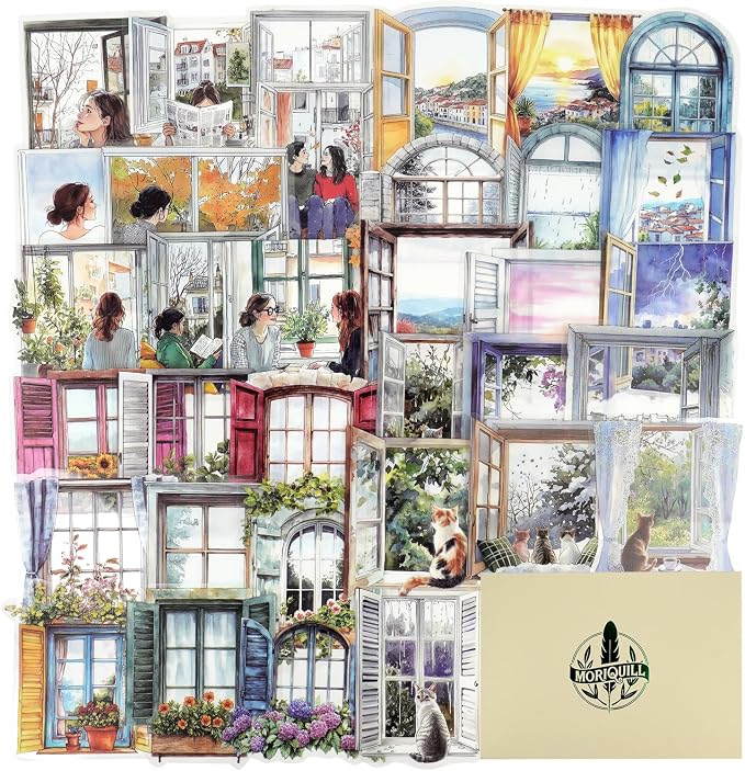 120PCS Watercolor Window PET Stickers – Scenic Views of Cats, Flowers & Cozy