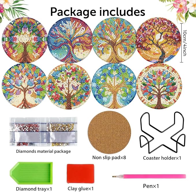 8 Pack Diamond Art Coasters, Tree of Life Diamond Painting Coasters Kits | Tree