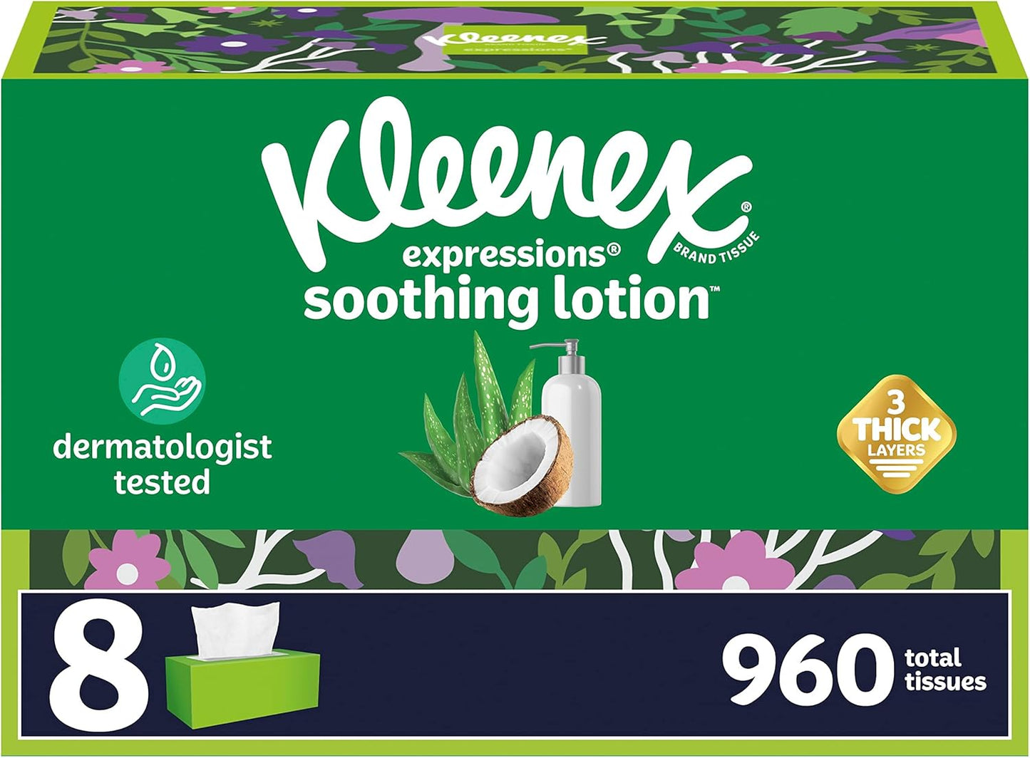 Kleenex Lotion Facial Tissues with Coconut Oil, 4 Flat Boxes, 180 Tissues Per Box, 3-Ply