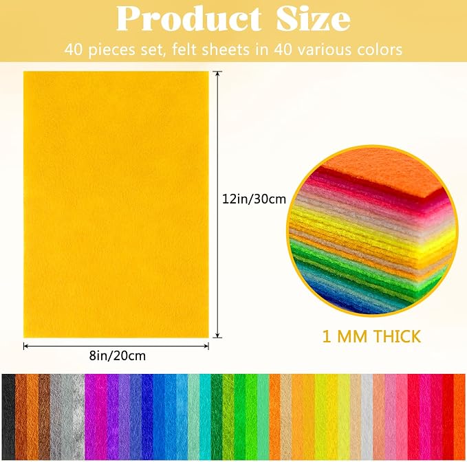 ZUFECY 40Pcs Felt Sheets for Crafts, Nonwoven Felt Squares for Sewing Patchwork