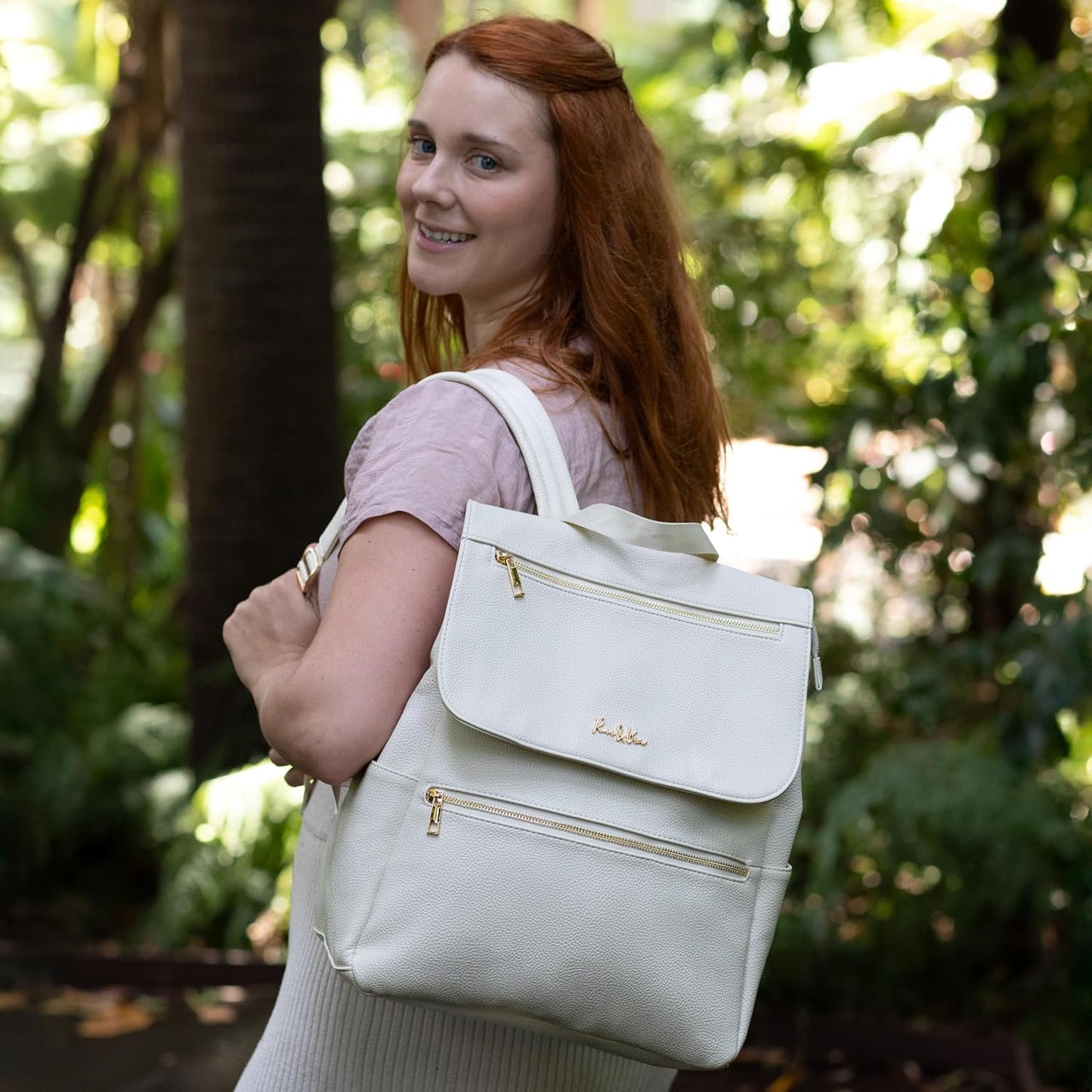 Premium Vegan Leather Diaper Bag Backpack – Large Designer Baby Bag, Stylish Diaper Backpack with Stroller & Crossbody Straps & Multiple Compartments (Ivory)