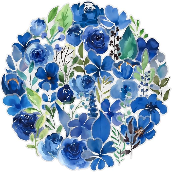 50PCS Blue Watercolor Flower PET Stickers, Waterproof Botanical Stickers