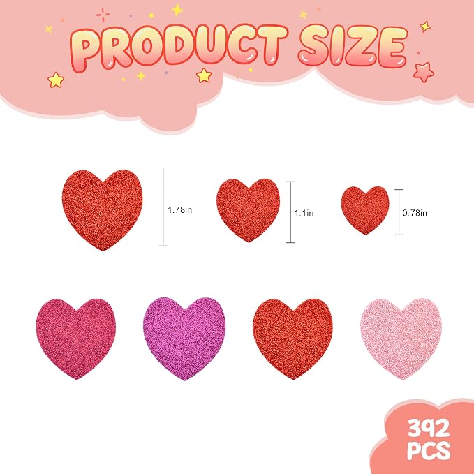 BEISHIDA 392 Pcs Glitter Foam Heart Stickers，Red Pink Purple Heart Shapes