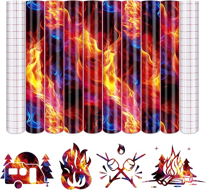 Tintnut Flame Pattern Permanent Vinyl 8 Pcs 12x10in Red Blue Adhesive Viny |