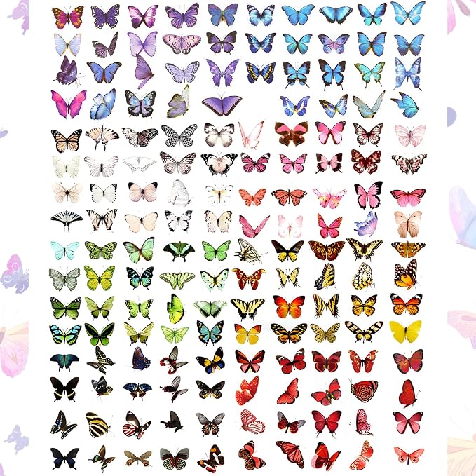 COMNICO 240PCS Butterfly Stickers, PET Waterproof Transparent Colorful Decals