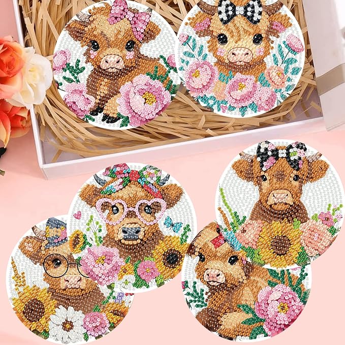 8 Pack Diamond Art Coasters, Highland Cow Diamond Painting Coasters Kits | Cow