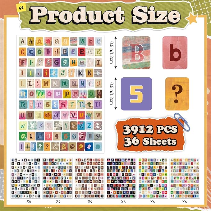 3912 Pcs Letter Stickers for Scrapbook Supplies, Vintage Alphabet Stickers | 36